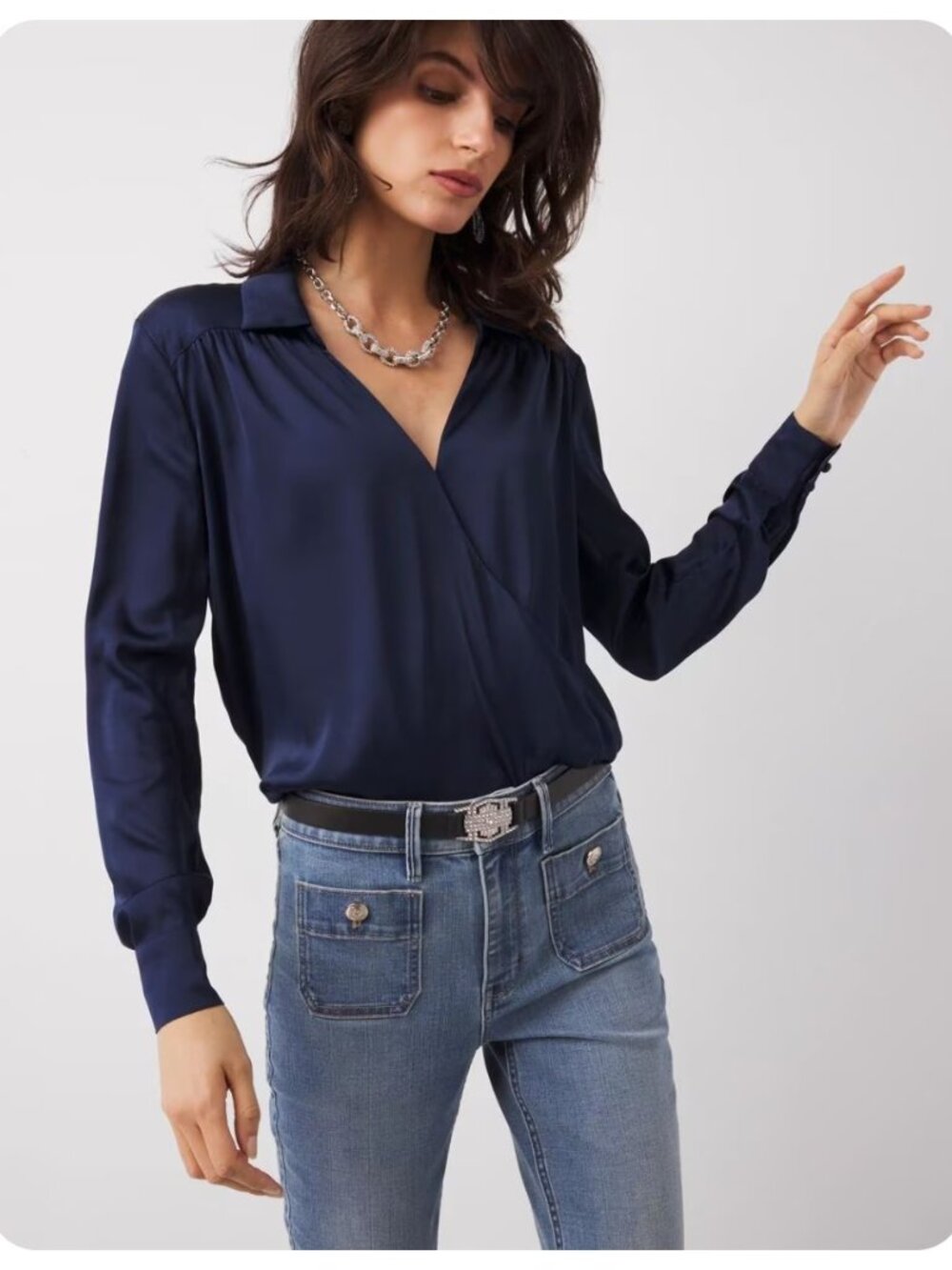 NWT White House Black Market Navy Blue Satin Surplice Long Sleeve Blouse sz 8